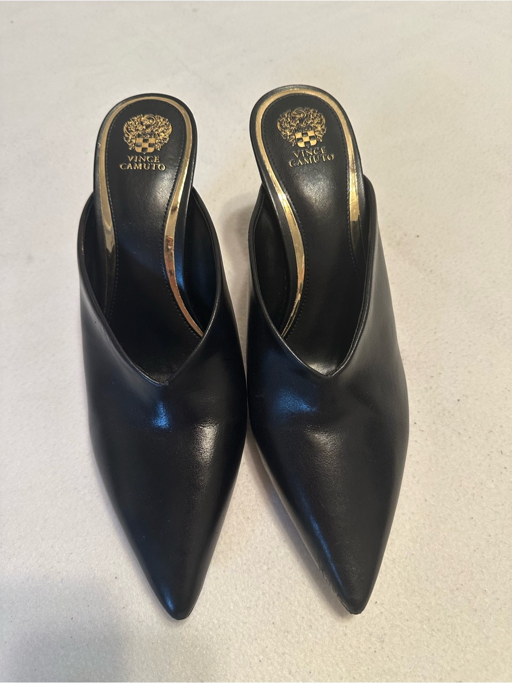 Size 12M Vince Camuto Black Pointed-Toe Leather Mules with Gold Trim
